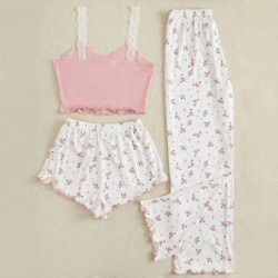 Pijama Mujer 3 Piezas - Polera, Short Y Pantalón Largo